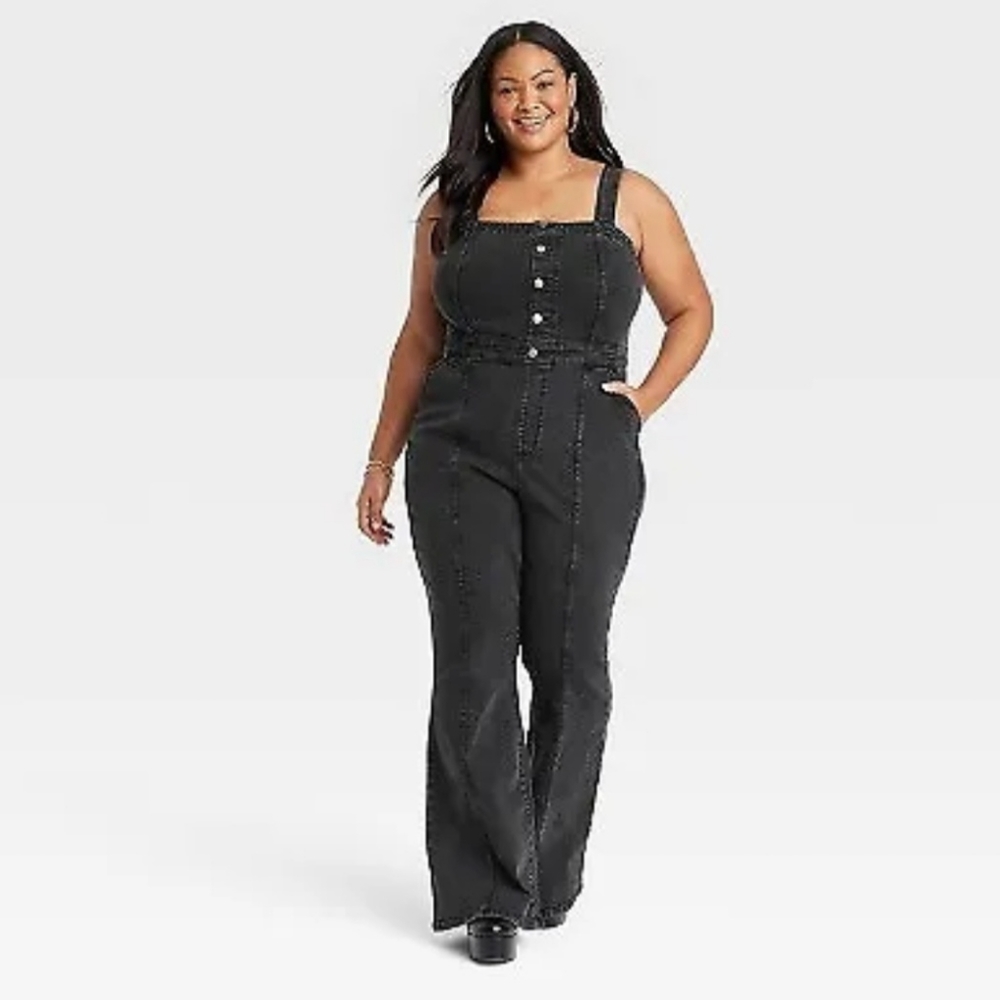 Women's Sleeveless Flare Leg Denim Jumpsuit - Ava & Viv Black